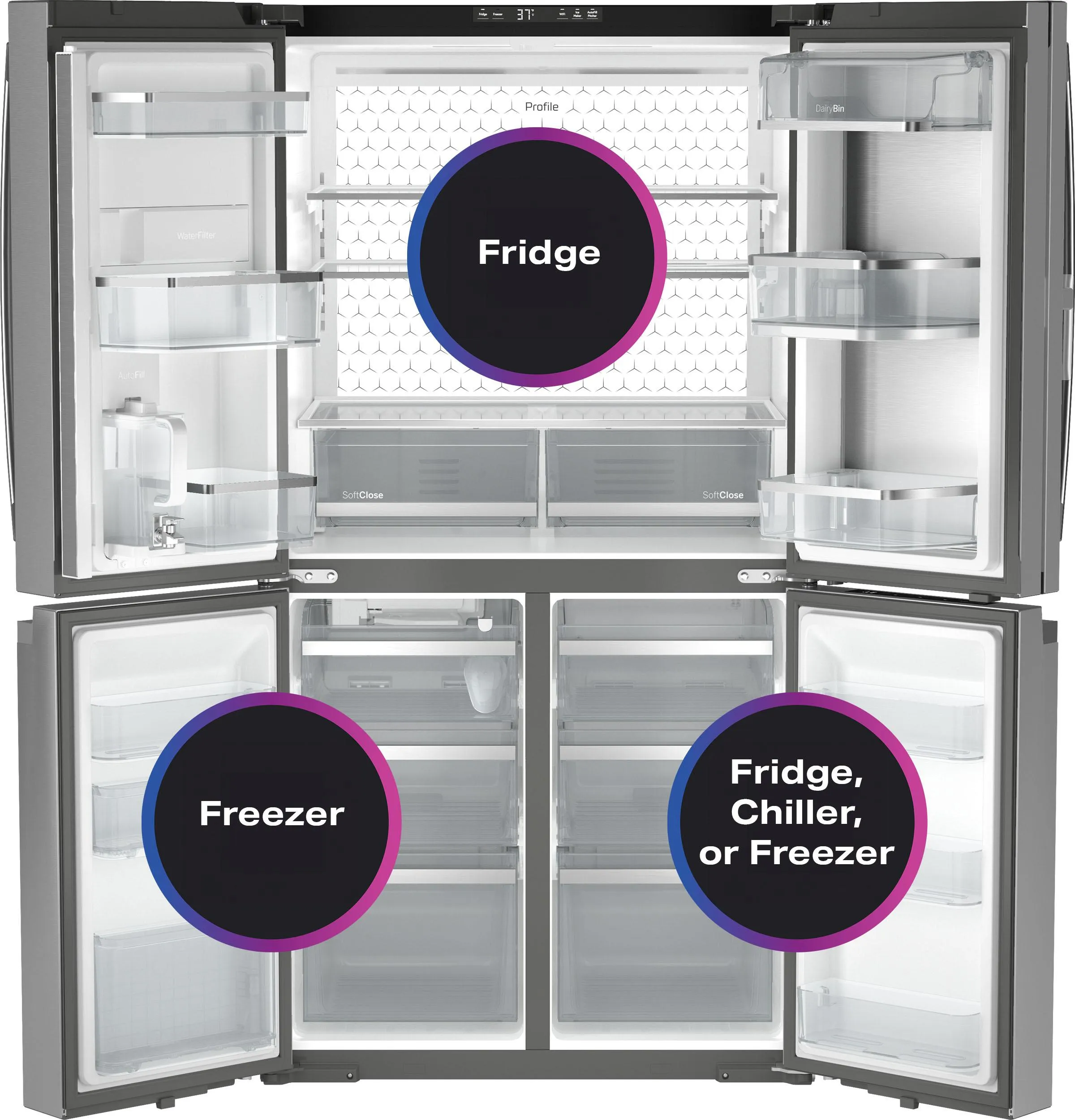 Ge Appliances PHD23BYWFS Ge Profile&#8482; Energy Star 22.9 Cu. Ft. Counter-Depth Quad-Door Refrigerator With Dual-Dispense Autofill Pitcher And Door In Door