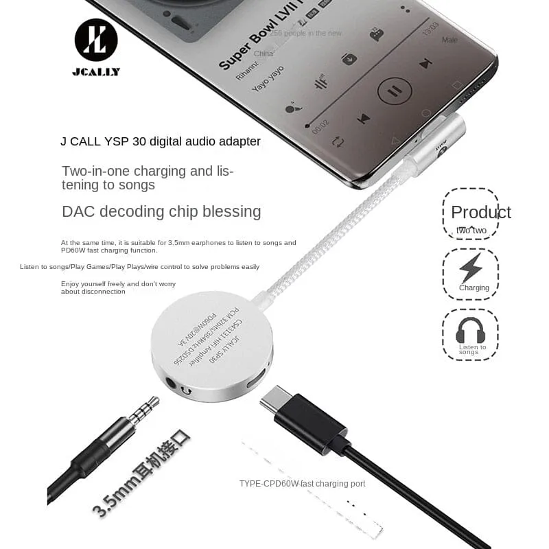 JCALLY SP30 2-in-1 Transfer Cable Portable DAC & AMP With 3.5 Port  & Type-C Fast Charging