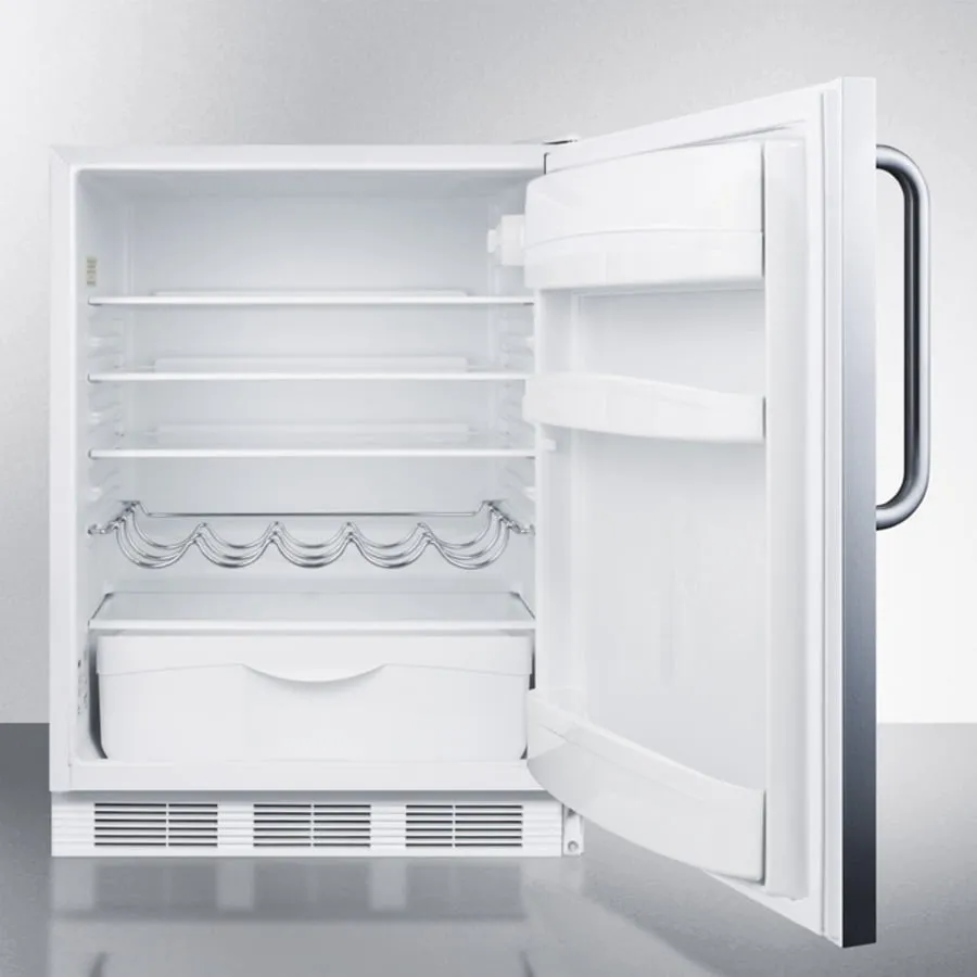Summit FF61BISSTB Built-In Undercounter All-Refrigerator For Residential Use. Auto Defrost With A Stainless Steel Wrapped Door. Towel Bar Handle. And White Cabinet
