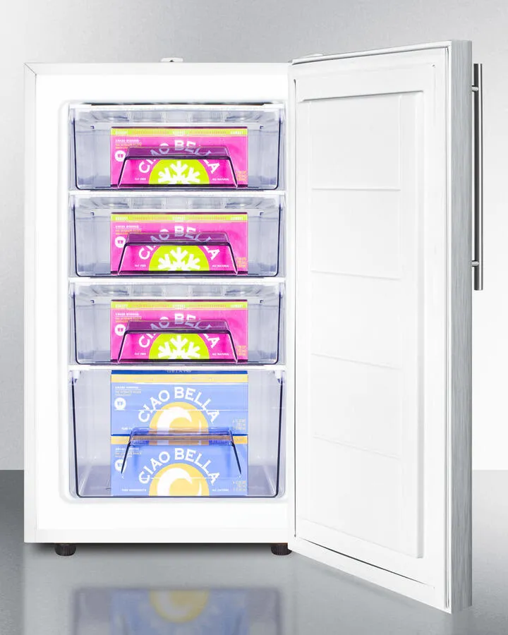 Summit FS407LBISSHV 20 Wide Built-In Undercounter All-Freezer For General Purpose Use. -20 C Capable With A Lock. Stainless Steel Door. Thin Handle And White Cabinet