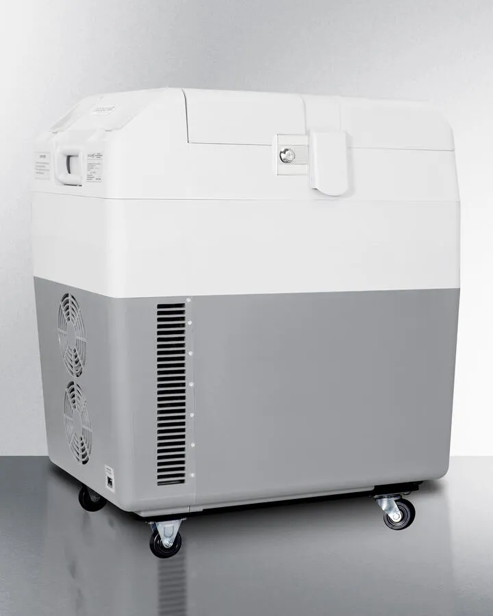 Summit SPRF36M2 Portable 12V/24V Cooler Capable Of Operation As Refrigerator (2-8(Degree)C) Or Freezer (-15(Degree)C). With Factory-Installed Lock. Strap Handle. And Four Pre-Installed Wheels