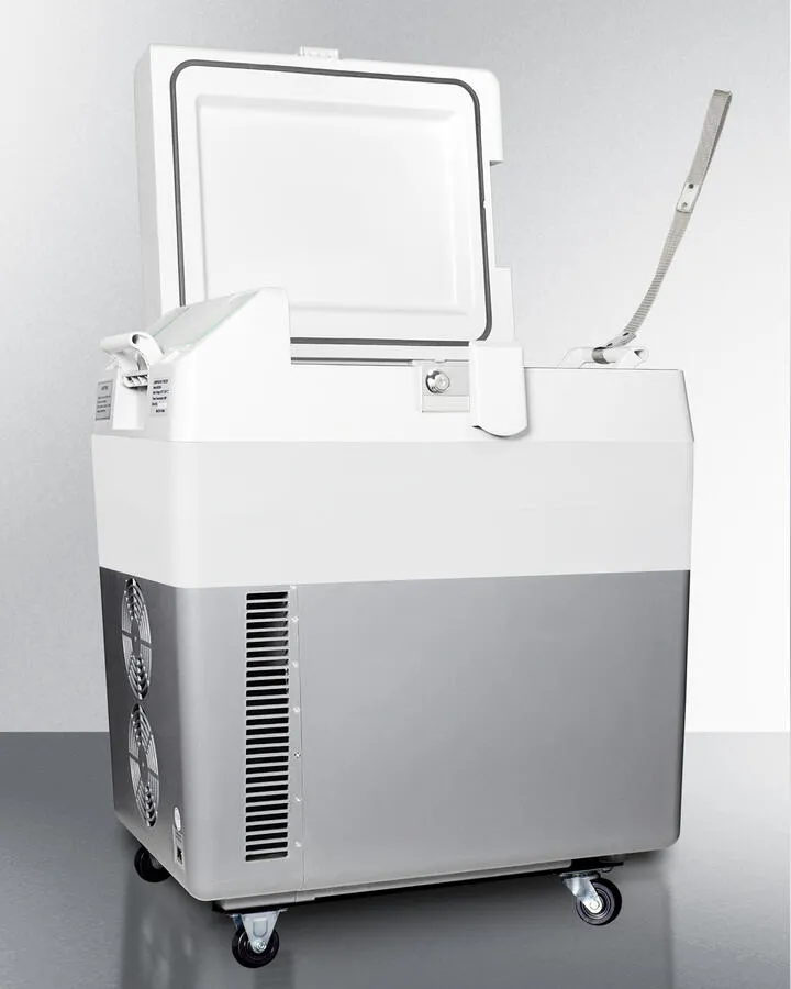 Summit SPRF36M2 Portable 12V/24V Cooler Capable Of Operation As Refrigerator (2-8(Degree)C) Or Freezer (-15(Degree)C). With Factory-Installed Lock. Strap Handle. And Four Pre-Installed Wheels