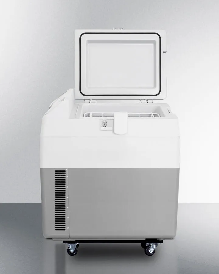 Summit SPRF36M2 Portable 12V/24V Cooler Capable Of Operation As Refrigerator (2-8(Degree)C) Or Freezer (-15(Degree)C). With Factory-Installed Lock. Strap Handle. And Four Pre-Installed Wheels