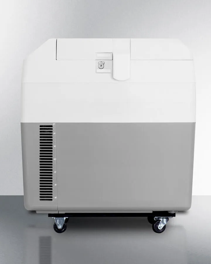 Summit SPRF36M2 Portable 12V/24V Cooler Capable Of Operation As Refrigerator (2-8(Degree)C) Or Freezer (-15(Degree)C). With Factory-Installed Lock. Strap Handle. And Four Pre-Installed Wheels