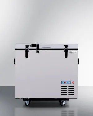 Summit SPRF86M2 Portable 12V/24V Cooler Capable Of Operation As Refrigerator (2-8(Degree)C) Or Freezer (-12(Degree)C). With Insulated Cover. Interior Wire Basket. Factory-Installed Lock. Strap Handle. And Four Pre-Installed Wheels