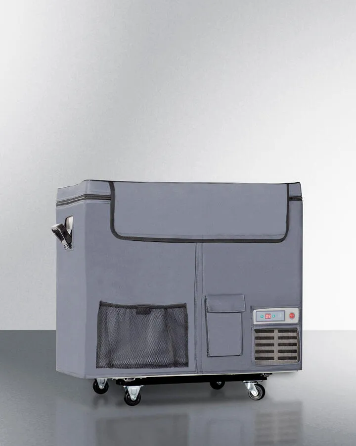 Summit SPRF86M2 Portable 12V/24V Cooler Capable Of Operation As Refrigerator (2-8(Degree)C) Or Freezer (-12(Degree)C). With Insulated Cover. Interior Wire Basket. Factory-Installed Lock. Strap Handle. And Four Pre-Installed Wheels