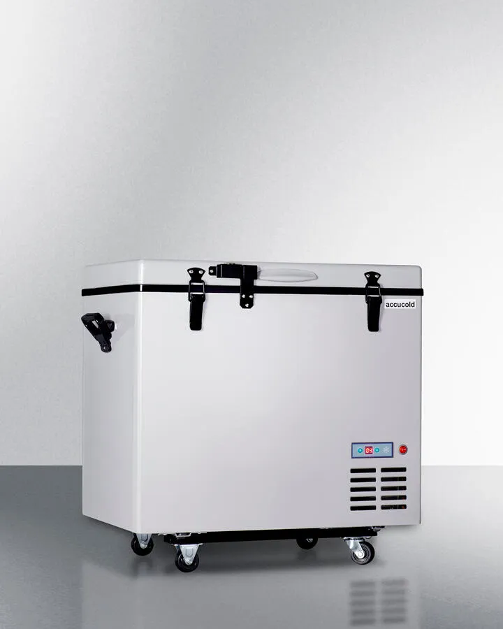 Summit SPRF86M2 Portable 12V/24V Cooler Capable Of Operation As Refrigerator (2-8(Degree)C) Or Freezer (-12(Degree)C). With Insulated Cover. Interior Wire Basket. Factory-Installed Lock. Strap Handle. And Four Pre-Installed Wheels