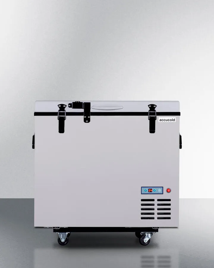 Summit SPRF86M2 Portable 12V/24V Cooler Capable Of Operation As Refrigerator (2-8(Degree)C) Or Freezer (-12(Degree)C). With Insulated Cover. Interior Wire Basket. Factory-Installed Lock. Strap Handle. And Four Pre-Installed Wheels