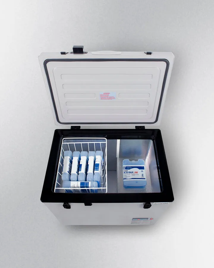 Summit SPRF86M2 Portable 12V/24V Cooler Capable Of Operation As Refrigerator (2-8(Degree)C) Or Freezer (-12(Degree)C). With Insulated Cover. Interior Wire Basket. Factory-Installed Lock. Strap Handle. And Four Pre-Installed Wheels