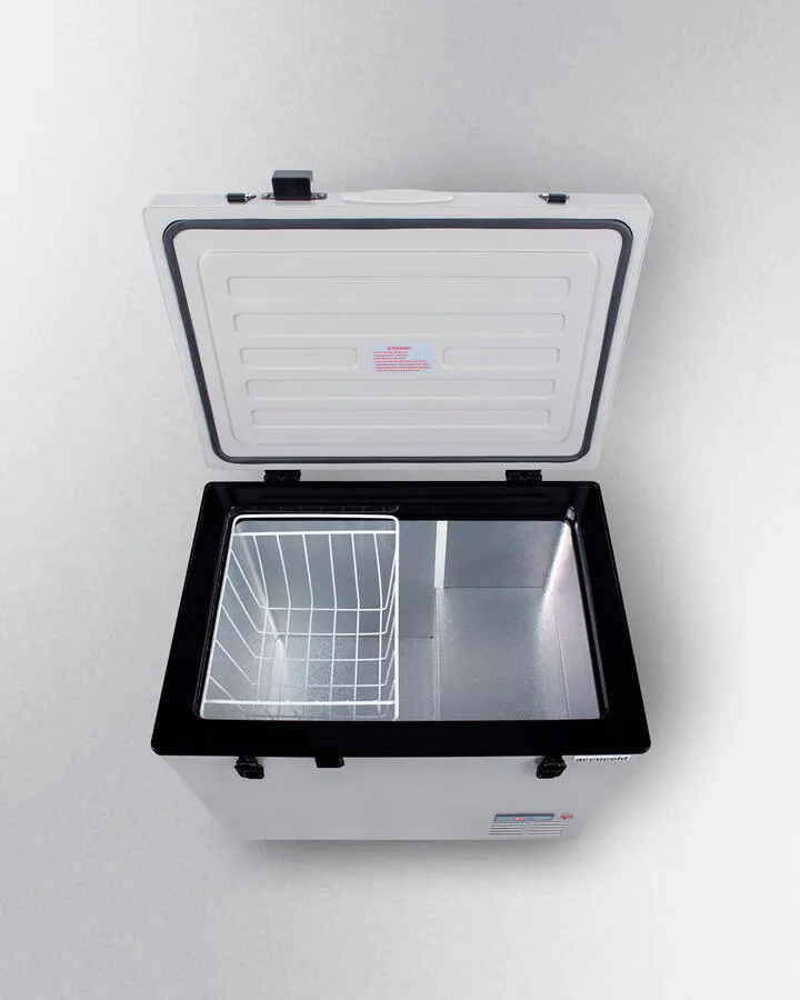 Summit SPRF86M2 Portable 12V/24V Cooler Capable Of Operation As Refrigerator (2-8(Degree)C) Or Freezer (-12(Degree)C). With Insulated Cover. Interior Wire Basket. Factory-Installed Lock. Strap Handle. And Four Pre-Installed Wheels